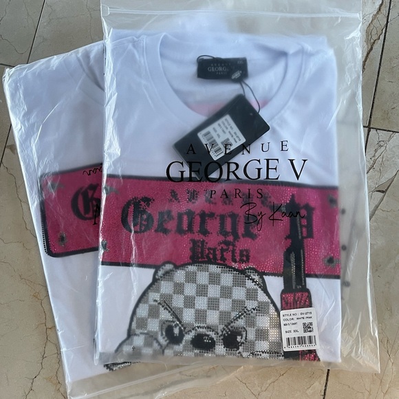 Avenue George V Paris T-Shirt Men's White Shirt Teddy Bear Rhinestone  XL 2XL - Picture 5 of 13